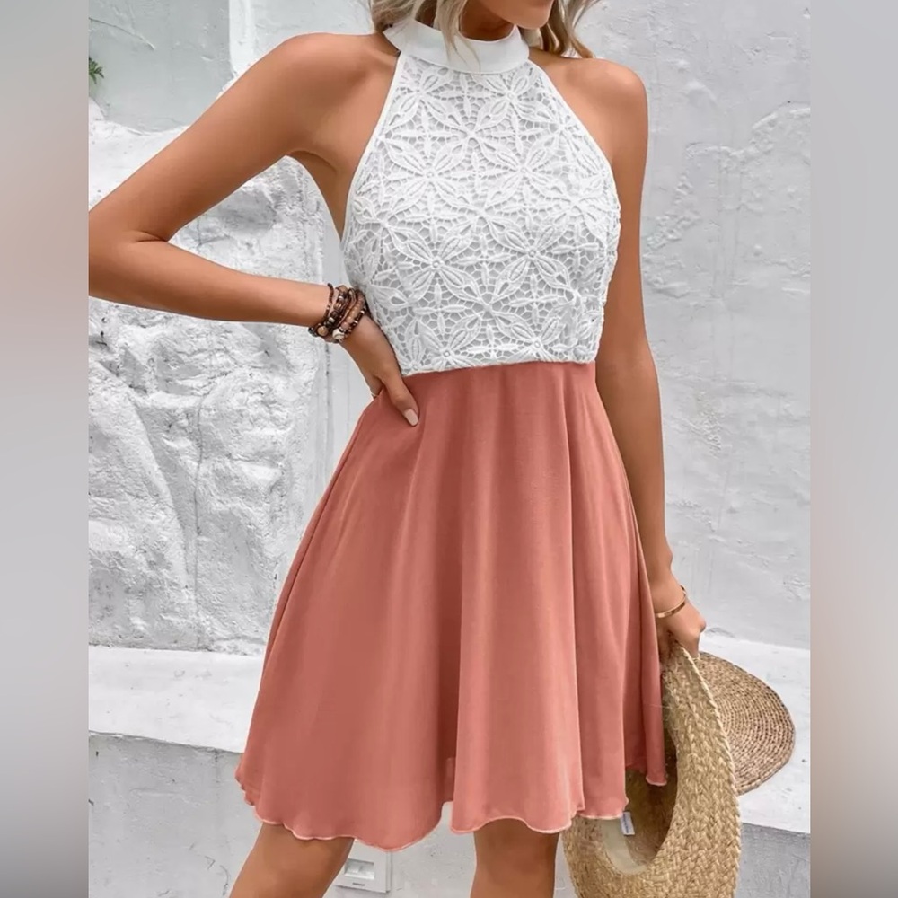 Coral Rose Halter Dress with White Lace Top – Size Small – NWOT